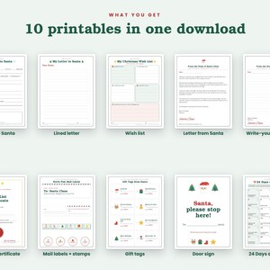 May include: A collection of 10 printable Christmas-themed documents including a letter to Santa, a wish list, a letter from Santa, a Nice List certificate, mail labels, gift tags, a door sign, and a 24 Days of Kindness activity sheet.
