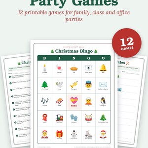Peut inclure: Un ensemble de 12 jeux de f&ecirc;te de No&euml;l imprimables comprenant une carte de bingo avec des ic&ocirc;nes festives comme une bougie, un bonbon, une tarte, un ours polaire, une cloche, un sapin, une colombe, une trompette, un ange, un lutin et un p&egrave;re No&euml;l.