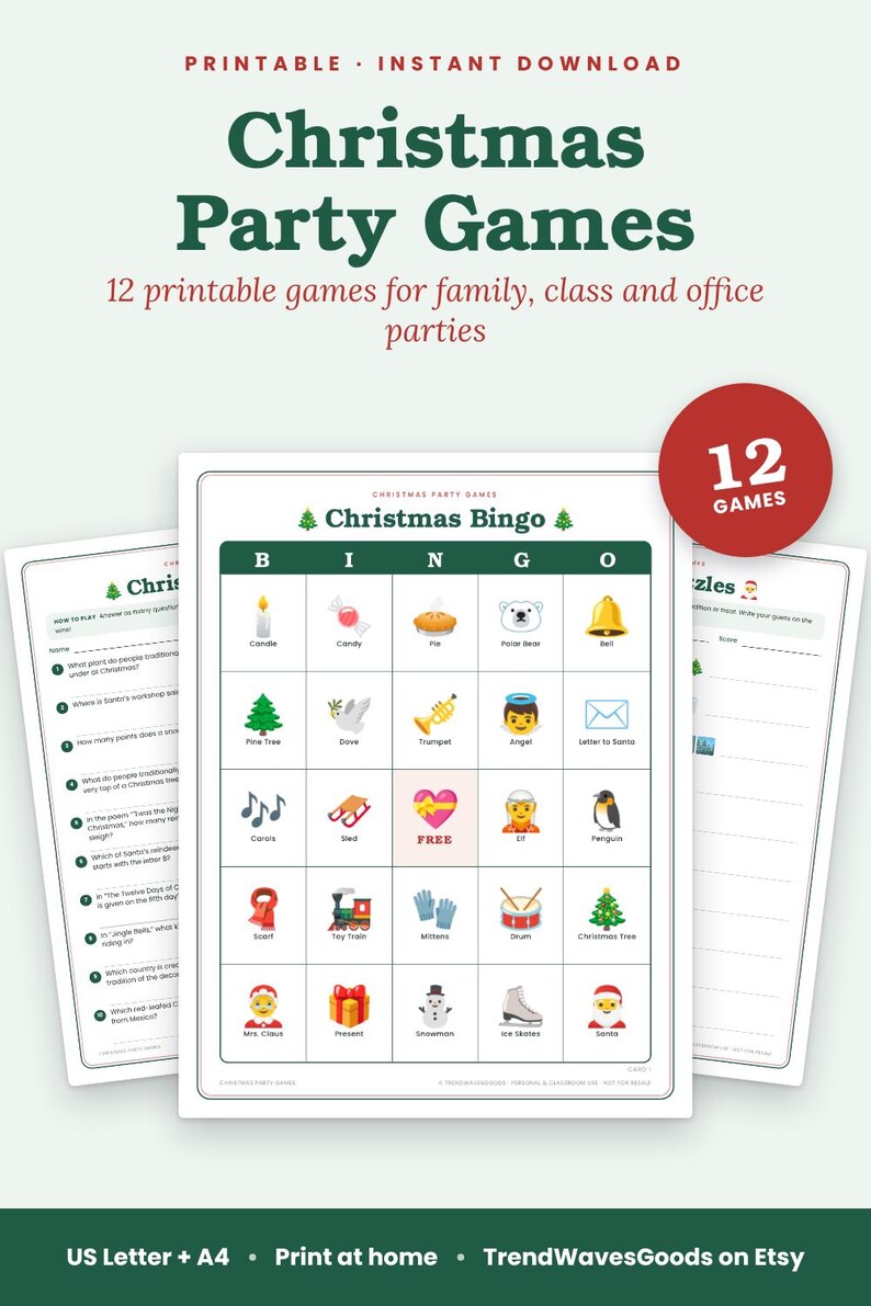 Peut inclure: Un ensemble de 12 jeux de f&ecirc;te de No&euml;l imprimables comprenant une carte de bingo avec des ic&ocirc;nes festives comme une bougie, un bonbon, une tarte, un ours polaire, une cloche, un sapin, une colombe, une trompette, un ange, un lutin et un p&egrave;re No&euml;l.