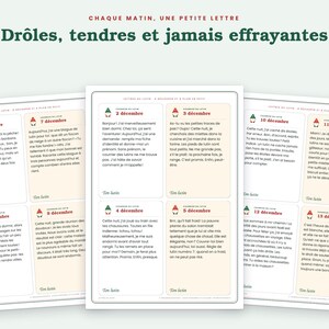 May include: Three white paper sheets featuring printed text in French, organized into small rectangular boxes with dates from December 2nd to December 13th. The header reads "CHAQUE MATIN, UNE PETITE LETTRE" and "Dr&ocirc;les, tendres et jamais effrayantes."