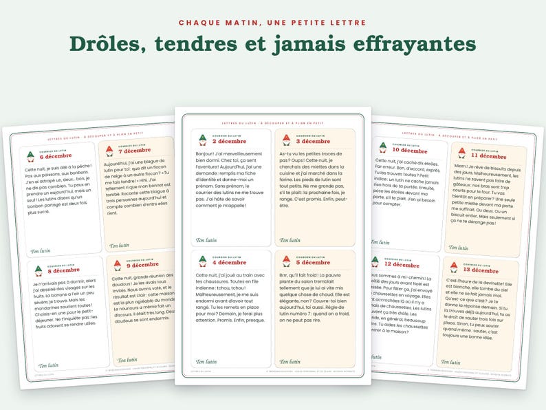 May include: Three white paper sheets featuring printed text in French, organized into small rectangular boxes with dates from December 2nd to December 13th. The header reads "CHAQUE MATIN, UNE PETITE LETTRE" and "Dr&ocirc;les, tendres et jamais effrayantes."