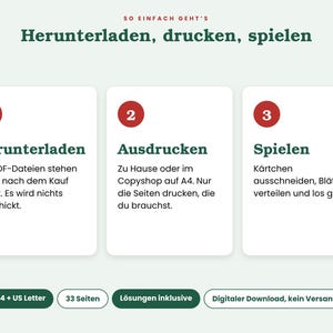 May include: An instructional graphic with the heading SO EINFACH GEHT'S Herunterladen, drucken, spielen. Three white rectangular boxes numbered 1, 2, and 3 contain German text explaining the process of downloading, printing, and playing a digital game.