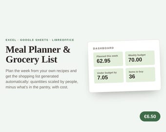Modello per la pianificazione settimanale dei pasti e la lista della spesa, con strumento per il monitoraggio dei costi delle ricette (Excel/Fogli Google)