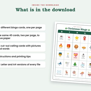 May include: A digital download set for Christmas Bingo featuring 40 unique bingo cards, 36 calling cards, and printing instructions. The set includes US Letter and A4 versions. A sample bingo card displays a grid with holiday icons and the text Christmas Bingo.