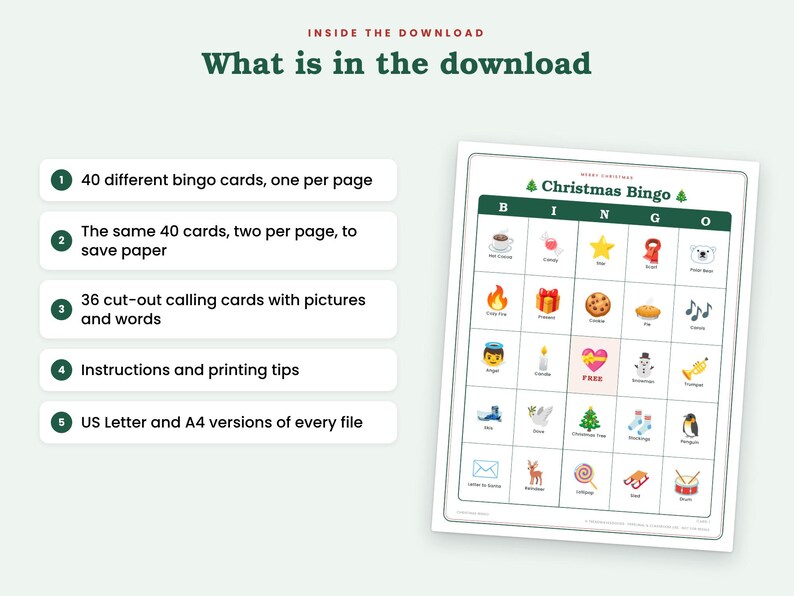 May include: A digital download set for Christmas Bingo featuring 40 unique bingo cards, 36 calling cards, and printing instructions. The set includes US Letter and A4 versions. A sample bingo card displays a grid with holiday icons and the text Christmas Bingo.