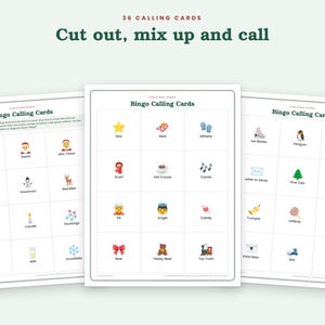 May include: Three white sheets of Christmas Bingo calling cards featuring a grid of colorful holiday-themed icons and text labels. The top of the image displays the text 36 CALLING CARDS Cut out, mix up and call. Each card contains rows of festive illustrations.