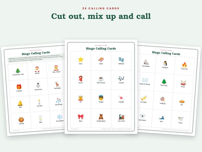 May include: Three white sheets of Christmas Bingo calling cards featuring a grid of colorful holiday-themed icons and text labels. The top of the image displays the text 36 CALLING CARDS Cut out, mix up and call. Each card contains rows of festive illustrations.