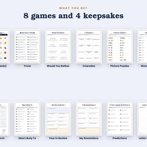 May include: A collection of printable activity sheets for New Year's celebrations, featuring 8 games and 4 keepsakes. The set includes Bingo, Trivia, Would You Rather, Charades, Picture Puzzles, Word Scramble, Word Search, Most Likely To, Year in Review, My Resolutions, Time Capsule Predictions, and Letter to My Future Self.