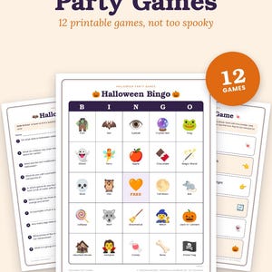 Peut inclure: Un ensemble de 12 jeux de f&ecirc;te d'Halloween imprimables comprenant une carte de bingo avec des ic&ocirc;nes comme un fant&ocirc;me, un cr&acirc;ne, une sorci&egrave;re et une citrouille. Le texte inclut Halloween Party Games et 12 games.