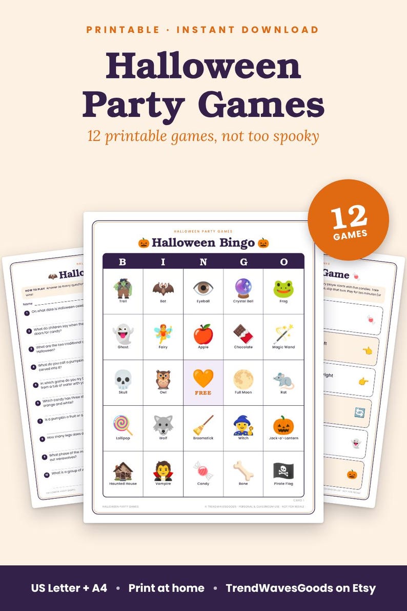 Peut inclure: Un ensemble de 12 jeux de f&ecirc;te d'Halloween imprimables comprenant une carte de bingo avec des ic&ocirc;nes comme un fant&ocirc;me, un cr&acirc;ne, une sorci&egrave;re et une citrouille. Le texte inclut Halloween Party Games et 12 games.