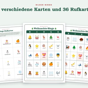 May include: A set of three printable bingo game sheets with the text BILDER-BINGO 12 verschiedene Karten und 36 Rufkarten at the top. Each sheet features a grid with various Christmas-themed icons like trees, bells, and snowmen, labeled in German.
