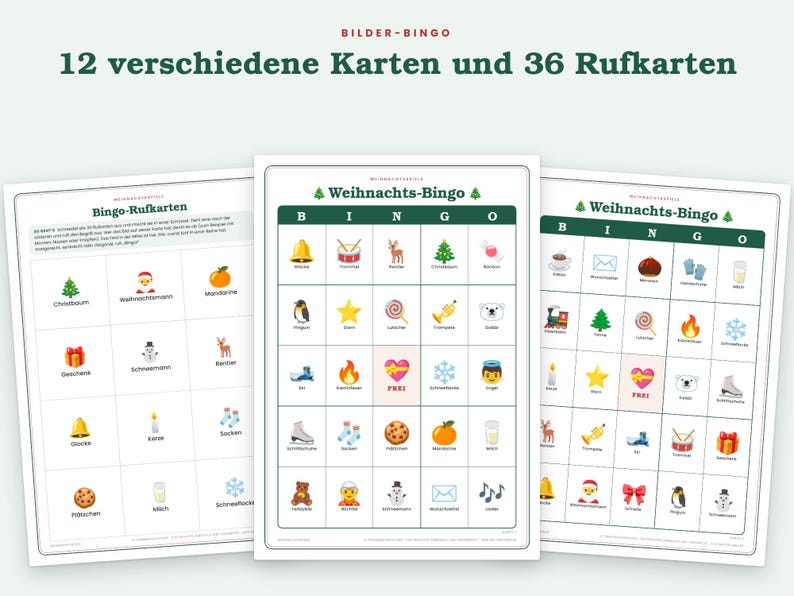 May include: A set of three printable bingo game sheets with the text BILDER-BINGO 12 verschiedene Karten und 36 Rufkarten at the top. Each sheet features a grid with various Christmas-themed icons like trees, bells, and snowmen, labeled in German.
