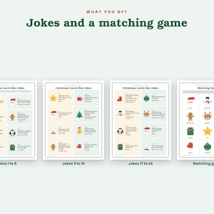 Puede incluir: Cuatro hojas imprimibles con contenido tem&aacute;tico navide&ntilde;o. Tres hojas contienen chistes navide&ntilde;os para loncheras con iconos festivos y texto. La cuarta hoja es un juego de emparejamiento con una cuadr&iacute;cula de doce ilustraciones festivas que incluyen a Santa, un mu&ntilde;eco de nieve, un &aacute;rbol, un hombre de jengibre, un reno, un ping&uuml;ino, un regalo, una estrella, una taza, un guante, un adorno y un oso polar.