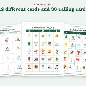 Peut inclure: Un jeu de bingo de No&euml;l comprenant 12 cartes de bingo diff&eacute;rentes et 36 cartes &agrave; tirer. Les cartes pr&eacute;sentent une grille avec diverses ic&ocirc;nes sur le th&egrave;me des f&ecirc;tes comme des sapins, le P&egrave;re No&euml;l, des bonhommes de neige et des cadeaux.