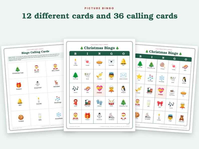 Peut inclure: Un jeu de bingo de No&euml;l comprenant 12 cartes de bingo diff&eacute;rentes et 36 cartes &agrave; tirer. Les cartes pr&eacute;sentent une grille avec diverses ic&ocirc;nes sur le th&egrave;me des f&ecirc;tes comme des sapins, le P&egrave;re No&euml;l, des bonhommes de neige et des cadeaux.