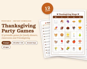 May include: A set of printable Thanksgiving party games featuring a bingo card with icons like a turkey, pumpkin pie, and corn. The text includes 'Thanksgiving Party Games', '12 Games', '31 pages', 'US Letter + A4', and 'Answer keys' on a light background.