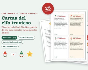 Puede incluir: Un conjunto de cartas del elfo de Navidad para imprimir que incluye 25 tarjetas con texto en español, fechas del 2 al 5 de diciembre, ilustraciones de elfos y una estrella amarilla, presentadas en hojas blancas con detalles en verde oscuro y rojo.