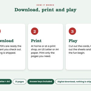 May include: An instructional graphic titled How It Works: Download, print and play. Three numbered white boxes explain the process: 1. Download, 2. Print on US Letter or A4 paper, 3. Play. Bottom labels specify US Letter + A4, 31 pages, and answer keys.