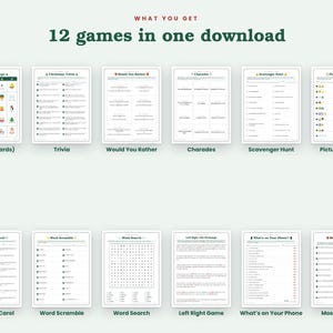 May include: A digital collection of 12 printable Christmas games including Bingo, Trivia, Would You Rather, Charades, Scavenger Hunt, Picture Puzzles, Finish the Carol, Word Scramble, Word Search, Left Right Game, What's on Your Phone, and Most Likely To.