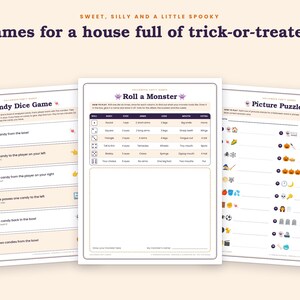 Peut inclure: Trois feuilles de jeu imprimables blanches intitul&eacute;es Candy Dice Game, Roll a Monster et Picture Puzzles. Le texte indique Sweet, Silly and a Little Spooky, Games for a house full of trick-or-treaters. Chaque feuille contient des instructions.