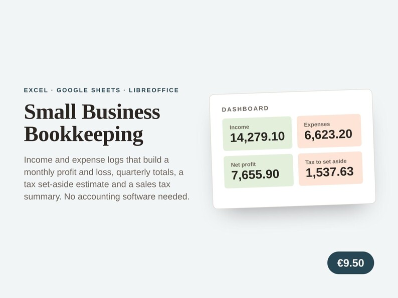 K&ouml;nnte beinhalten: Ein digitales Dashboard f&uuml;r die Buchhaltung kleiner Unternehmen, kompatibel mit Excel, Google Sheets und LibreOffice. Es zeigt Einnahmen, Ausgaben, Nettogewinn und zur&uuml;ckzulegende Steuern in vier farbigen Feldern mit numerischen Werten.