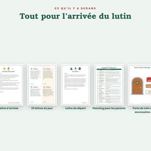 May include: A set of five printable documents for a holiday elf activity, including an arrival letter, 23 daily letters, a departure letter, a parent planning schedule, and a cut-out elf door with accessories, all featuring text in French.
