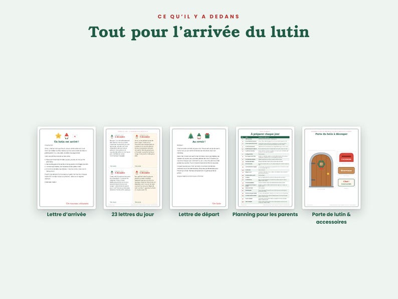 May include: A set of five printable documents for a holiday elf activity, including an arrival letter, 23 daily letters, a departure letter, a parent planning schedule, and a cut-out elf door with accessories, all featuring text in French.