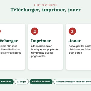 May include: A digital instruction graphic with the text C'EST TOUT SIMPLE, T&eacute;l&eacute;charger, imprimer, jouer. Three white boxes numbered 1, 2, and 3 contain French text explaining the process. Bottom labels include A4 + US Letter, 33 pages, Solutions incluses, and Fichier num&eacute;rique, rien n'est envoy&eacute;.