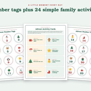 May include: A printable advent calendar kit featuring three pages. Two pages contain circular number tags from 1 to 24 with holiday icons. The center page displays Advent Activity Cards with text and illustrations for family activities.