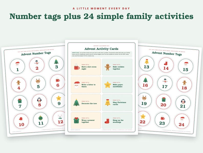 May include: A printable advent calendar kit featuring three pages. Two pages contain circular number tags from 1 to 24 with holiday icons. The center page displays Advent Activity Cards with text and illustrations for family activities.