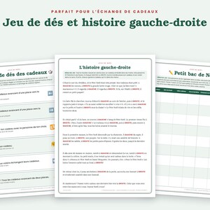 May include: Three printable game sheets for a Christmas gift exchange. The left sheet lists dice rules, the center sheet contains a left-right story, and the right sheet is a holiday-themed word game grid. All pages feature dark green text.