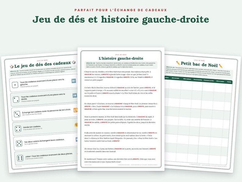 May include: Three printable game sheets for a Christmas gift exchange. The left sheet lists dice rules, the center sheet contains a left-right story, and the right sheet is a holiday-themed word game grid. All pages feature dark green text.