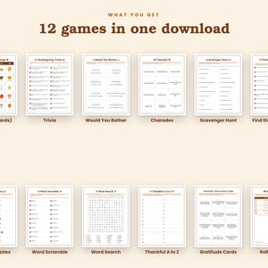以下が含まれることがあります： 12 games in one downloadと題された、12種類の印刷可能な感謝祭ゲームのデジタルコレクション。セットには、ビンゴ、トリビア、Would You Rather、ジェスチャーゲーム、スカベンジャーハント、Find the Guest Who、絵パズル、ワードスクランブル、ワードサーチ、Thankful A to Z、感謝カード、Roll a Turkeyが含まれており、すべて白いシートに茶色の文字で表示されています。