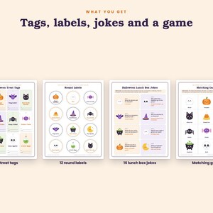 May include: A set of printable Halloween stationery featuring four sheets with the text Tags, labels, jokes and a game. The sheets include 24 treat tags, 12 round labels, 16 lunch box jokes, and a matching game, all decorated with colorful icons of pumpkins, ghosts, bats, cats, and cauldrons.