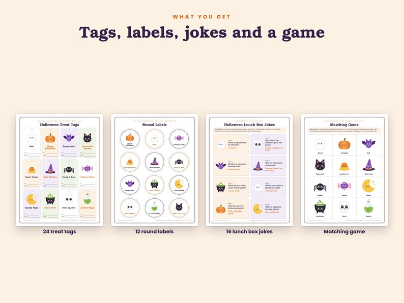 May include: A set of printable Halloween stationery featuring four sheets with the text Tags, labels, jokes and a game. The sheets include 24 treat tags, 12 round labels, 16 lunch box jokes, and a matching game, all decorated with colorful icons of pumpkins, ghosts, bats, cats, and cauldrons.