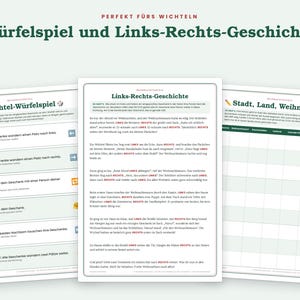 May include: Three printed game sheets featuring German text. The left sheet is titled Wichtel-W&uuml;rfelspiel with dice icons and rules. The center sheet is titled Links-Rechts-Geschichte with a story. The right sheet is titled Stadt, Land, Weihnachten.