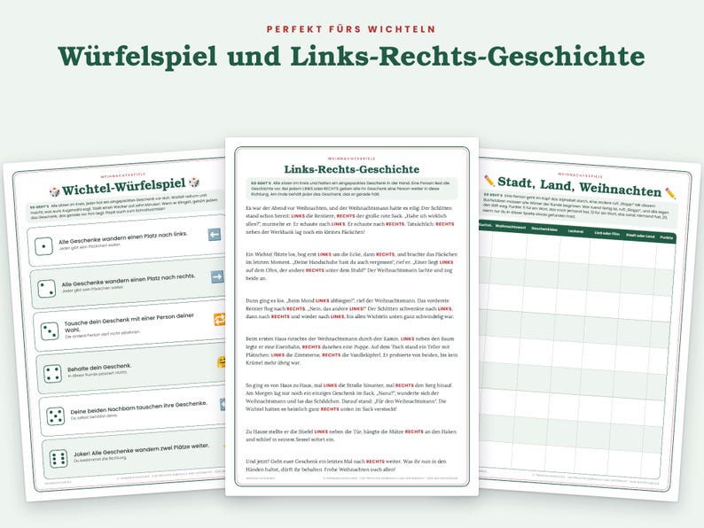 May include: Three printed game sheets featuring German text. The left sheet is titled Wichtel-W&uuml;rfelspiel with dice icons and rules. The center sheet is titled Links-Rechts-Geschichte with a story. The right sheet is titled Stadt, Land, Weihnachten.