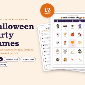 Peut inclure: Un ensemble de 12 jeux de f&ecirc;te d'Halloween imprimables comprenant une carte de bingo avec des ic&ocirc;nes color&eacute;es comme un fant&ocirc;me, un cr&acirc;ne et une citrouille. Le document affiche le texte Halloween Party Games, 30 pages, US Letter + A4 et des corrig&eacute;s.