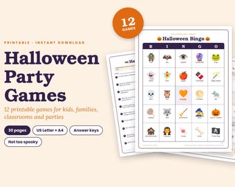 May include: A set of 12 printable Halloween party games including a bingo card with colourful icons like a ghost, skull, and pumpkin. The document features the text Halloween Party Games, 30 pages, US Letter + A4, and answer keys on a light background.