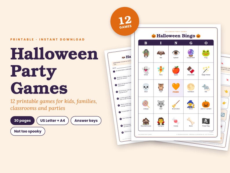 Peut inclure: Un ensemble de 12 jeux de f&ecirc;te d'Halloween imprimables comprenant une carte de bingo avec des ic&ocirc;nes color&eacute;es comme un fant&ocirc;me, un cr&acirc;ne et une citrouille. Le document affiche le texte Halloween Party Games, 30 pages, US Letter + A4 et des corrig&eacute;s.