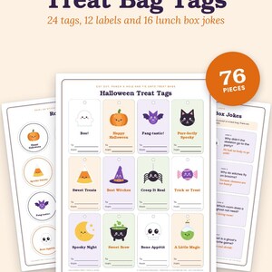 May include: A set of printable Halloween treat bag tags, labels, and lunch box jokes featuring illustrations of pumpkins, ghosts, bats, cats, and witches. The text includes phrases like Boo, Happy Halloween, and Bone App&eacute;tit.