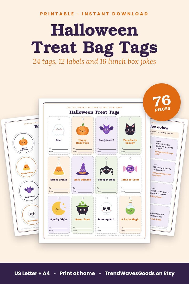 May include: A set of printable Halloween treat bag tags, labels, and lunch box jokes featuring illustrations of pumpkins, ghosts, bats, cats, and witches. The text includes phrases like Boo, Happy Halloween, and Bone App&eacute;tit.