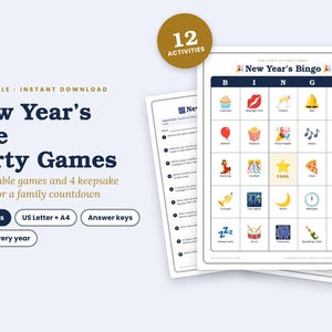 May include: A set of printable New Year's Eve party games featuring a bingo card with colourful icons like a cupcake, champagne, and fireworks. The text includes New Year's Eve Party Games, 12 Activities, 30 pages, and US Letter + A4. The design is white with dark blue text and a gold circle accent.