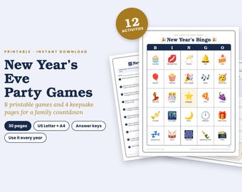 May include: A set of printable New Year's Eve party games featuring a bingo card with colourful icons like a cupcake, champagne, and fireworks. The text includes New Year's Eve Party Games, 12 Activities, 30 pages, and US Letter + A4. The design is white with dark blue text and a gold circle accent.