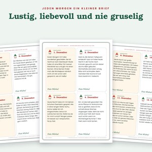 May include: Three white rectangular sheets of paper featuring printed German text organized into daily sections from December 1st to December 12th. Each section includes a small gnome icon, a date header, and a message signed by a gnome.