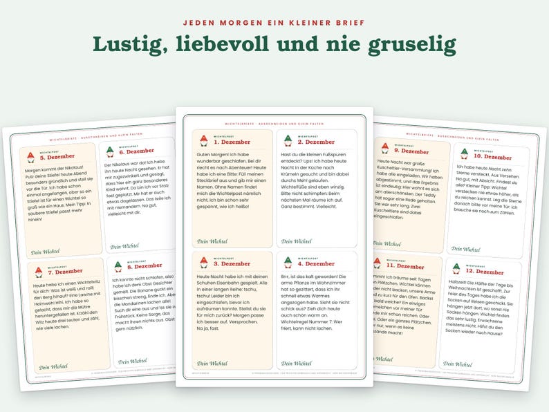 May include: Three white rectangular sheets of paper featuring printed German text organized into daily sections from December 1st to December 12th. Each section includes a small gnome icon, a date header, and a message signed by a gnome.