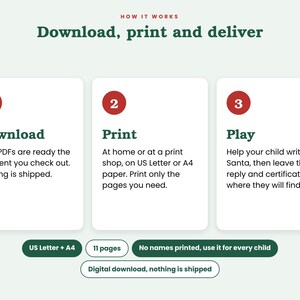 May include: An instructional graphic titled How It Works: Download, print and deliver. It features three numbered steps in red circles: 1 Download, 2 Print, and 3 Play, with descriptive text for each. Below are labels for US Letter + A4, 11 pages, and Digital download.