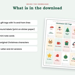 May include: A digital download sheet of Christmas gift tags featuring twelve rectangular labels with festive illustrations including Santa, a snowman, a tree, and a gingerbread person, each with To and From lines and text like Merry Christmas and Sweet Wishes.