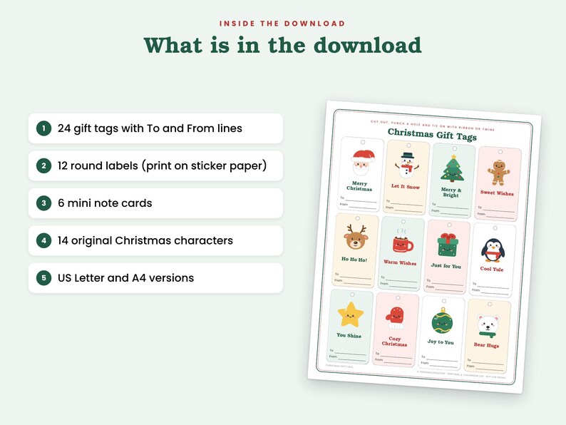 May include: A digital download sheet of Christmas gift tags featuring twelve rectangular labels with festive illustrations including Santa, a snowman, a tree, and a gingerbread person, each with To and From lines and text like Merry Christmas and Sweet Wishes.
