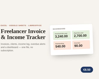 Strumento per il monitoraggio di fatture e guadagni dei freelance, elenco clienti, avvisi di pagamento in ritardo, dashboard (Excel/Fogli Google)